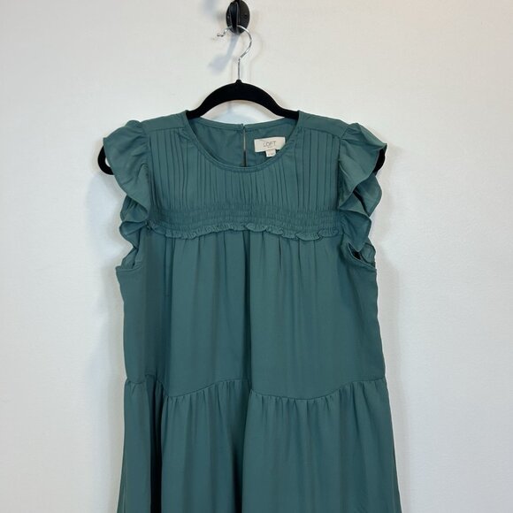 🛑 LOFT Size Medium Teal Sleeveless Ruffled Tiered Dress Pleated Smocked - Picture 3 of 10